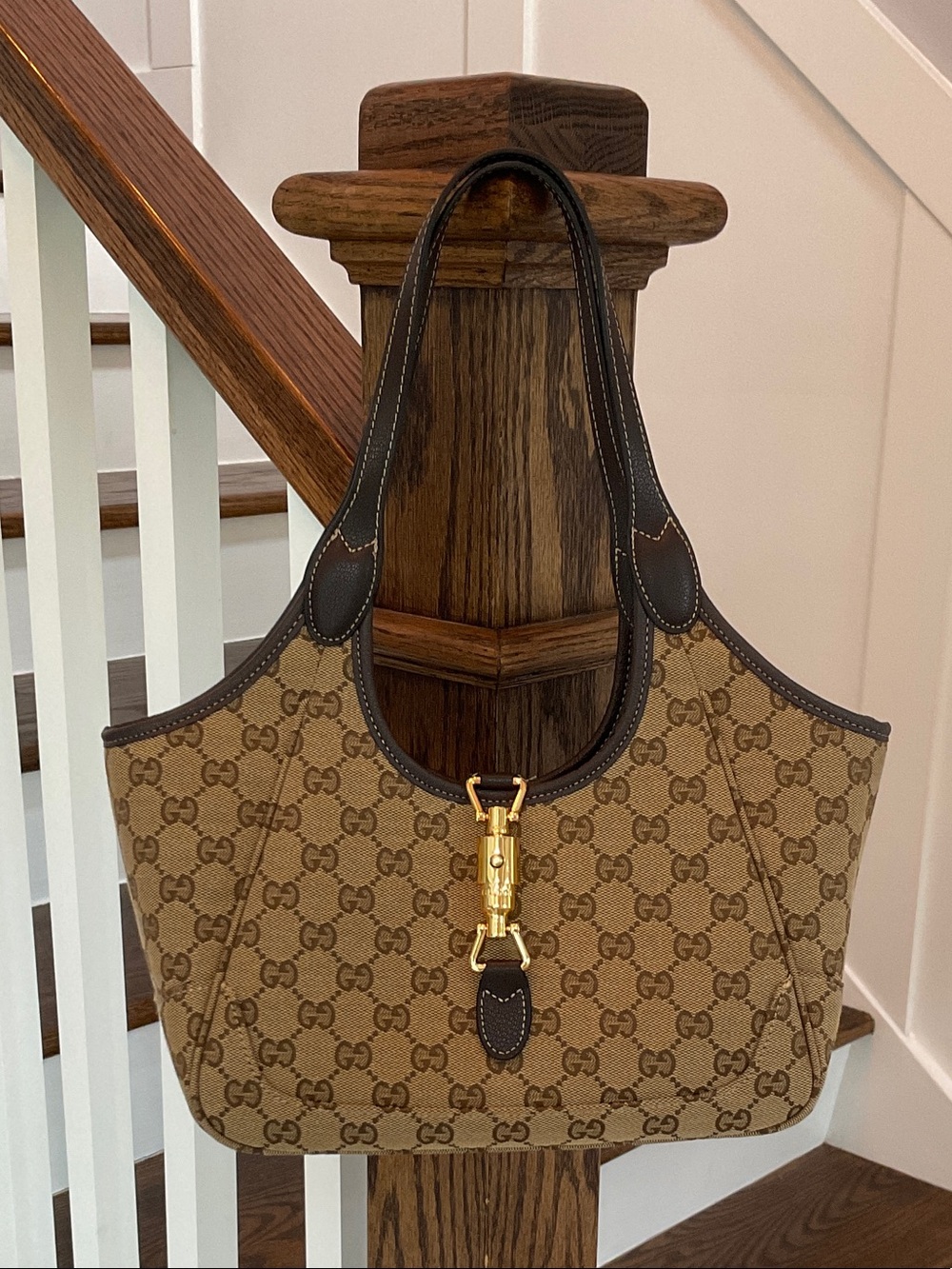 Beige Brown GG Canvas Jackie Shoulder Bag with Gold Hardware
